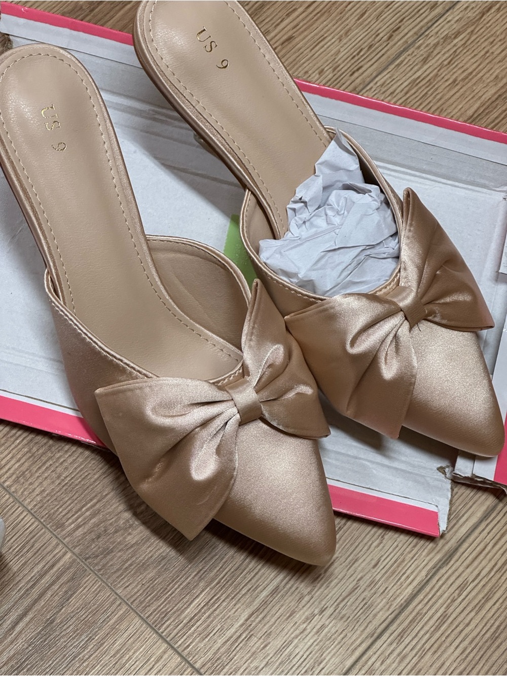 Allegra K Champagne Elegant Bow Pointed Toe Mule